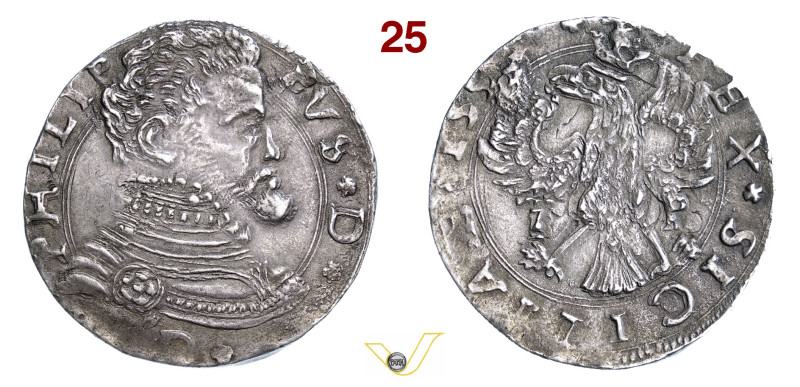 MESSINA FILIPPO II DI SPAGNA (1556-1598) 4 Tarì 155(?) sigle TP D/ Busto corazza...