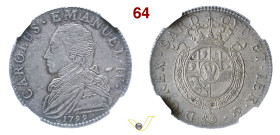 CARLO EMANUELE IV (1796-1800) 1/4 di Scudo 1799 Torino MIR 1013b Ag • Cert. n. 5883398020 NGC AU 58