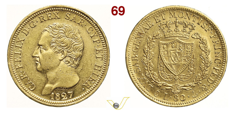 CARLO FELICE (1821-1831) 80 Lire 1827 Genova MIR 1032h Mont. 9 Au g 25,81 • Ex N...