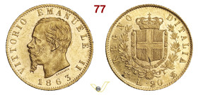 VITTORIO EMANUELE II, Re d'Italia (1861-1878) 20 Lire 1863 Torino Au g 6,45 mm 21 • Fondi brillanti SPL