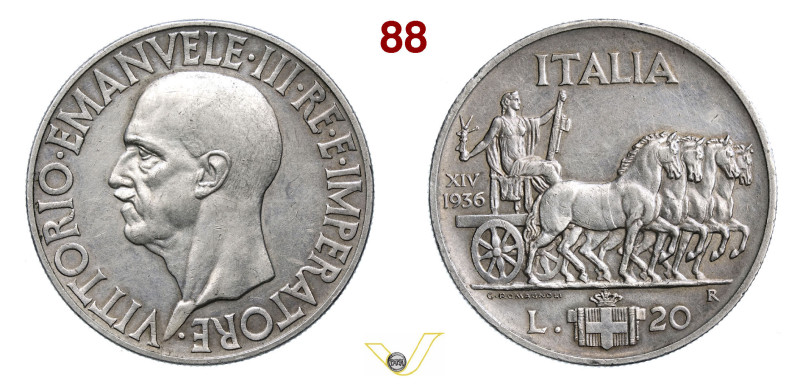 VITTORIO EMANUELE III (1900-1946) 20 Lire 1936 XIV Roma Ag • Colpetti ripresi BB...