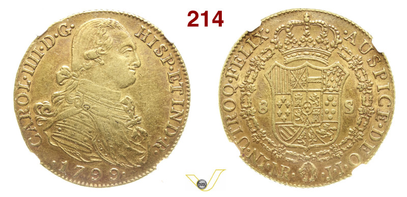 CARLO IV (1788-1808) 8 Escudos 1799 NR JJ (Santa Fe de Nuevo Reino, Colombia) Au...