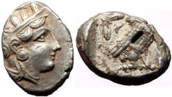 Attica, Athens (ca 440-404 BC) AR Tetradrachm (Silver, 25mm, 15.79g) 
Obv: Head of Athena right, wearing crested Attic helmet ornamented with three la...