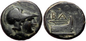 Kings of Macedon, Demetrios I Poliorketes AE (Bronze, 4.71g, 15mm) Salamis, ca 300-295 BC. 
Obv: Helmeted head of Athena to right 
Rev: Prow of galley...