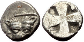 Macedon, Akanthos AR Obol (0.49g, 7mm) ca 500-470 BC. 
Obv: Facing lion head 
Rev: Quadripartite incuse square. 
Ref: AMNG III/2, 16; SNG ANS 27-9.