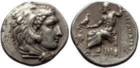 Kings of Macedon, Alexander III 'the Great' (336-323 BC) AR Drachm. Abydos.
Obv: Head of Herakles right, wearing lion skin.
Rev: AΛEΞANΔPOY, Zeus seat...