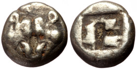 Lesbos, Unattributed early mint (ca 500-450 BC) AR Obol (Silver, 9mm, 1.00g)
Obv: Confronted boars’ heads 
Rev: Rough incuse square punch.
Ref: SNG Co...