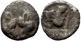 Lesbos, Uncertain mint (ca 478-460 BC) AR Hemiobol (Silver, 7mm, 0.25g) 
Obv: Confronted heads of two boars. 
Rev: Head of board to right within incus...