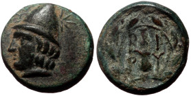 Troas, Birytis AE (Bronze, 11mm, 1.69g) ca 4th Century BC 
Obv: Head of Kabiros left, wearing pileus; star on either side of pileus 
Rev: B-I/P-Y and ...