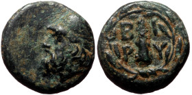Troas, Birytis AE (Bronze, 11mm, 1,32g) ca 4th Century BC. 
Obv: Head of Kabiros left, wearing pileus; star on either side of pileus 
Rev: B-I/P-Y and...