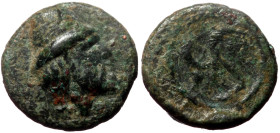 Troas, Birytis AE (Bronze, 0.75g, 10mm) ca 350-300 BC 
Obv: Head of Kabeiros to right, wearing pilos.
Rev. B-I/P-Y / triskeles.
Ref: SNG Copenhagen 25...