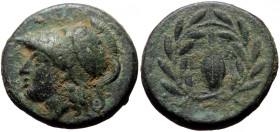 *Rare*
Aeolis, Elaia (2nd-1st century BC) AE (Bronze, 20mm, 6.06g) 
Obv: Helmeted head of Athena to left 
Rev: Barley-grain, E-Λ across fields; all wi...