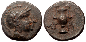 Aeolis, Myrina (4th-3rd cent. BC) AE(Bronze, 9mm, 0.76g) 
Obv: Helmeted head of Athena right 
Rev: MY - PI, Amphora. 
Ref: SNG München 570; SNG Ref: C...