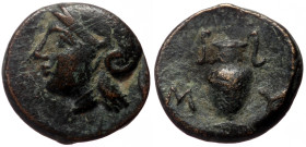 Aeolis, Myrina (4th-3rd cent. BC) AE(Bronze, 10mm, 0.96g) 
Obv: Helmeted head of Athena right 
Rev: MY - PI, Amphora. 
Ref: SNG München 570; SNG Ref: ...