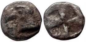 Aeolis, Kyme (ca 450-400 BC) AR Hemiobol (Silver, 8mm, 0.37g)
Obv: Head of eagle left; K to left 
Rev: Quadripartite incuse square. 
Ref: SNG Ashmolea...