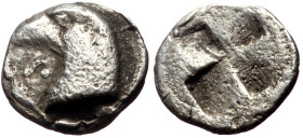 Aeolis, Kyme AR Hemiobol (Silver, 8mm, 0.43g) ca 450-400 BC
Obv: Head of eagle left; star below beak.
Rev: Quadripartite incuse square.
Ref: SNG Kayha...