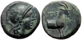 Aeolis, Aigai AE (Bronze, 12mm, 2.15g) 2nd-1st centuries BC. 
Obv: Helmeted head of Athena to right 
Rev: Forepart of goat to right; AIΓAE above. 
Ref...