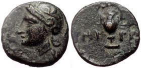 Aeolis, Myrina AE (Bronze, 10mm, 0.83g) 4th-3rd centuries BC. 
Obv: Helmeted head of Athena to left 
Rev: Amphora; MY-PI across fields. 
Ref: SNG Cope...