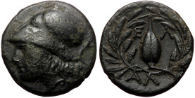 Aeolis, Elaia AE (Bronze, 16mm, 3.02g) 2nd-1st century BC. 
Obv: Helmeted head of Athena to left 
Rev: Barley-grain, E-Λ across fields; all within lau...