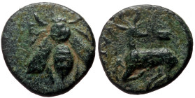 Ionia, Ephesos (ca 4th - 3rd cent. BC) AE (Bronze, 11mm, 0.84g) Uncertain magistrate. 
Obv: Bee; Ε-Φ flanking 
Rev: Stag kneeling to left, head to rig...