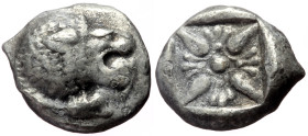 Ionia, Miletos. Late 6th-early 5th century BC. AR Diobol (Silver, 10mm, 1.19g) 
Obv: Forepart of lion left, head reverted 
Rev: Stellate pattern withi...
