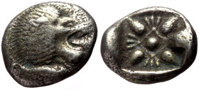 Ionia, Miletos. Late 6th-early 5th century BC. AR Diobol (Silver, 10mm, 0.98g) 
Obv: Forepart of lion left, head reverted 
Rev: Stellate pattern withi...