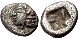 Ionia, Kolophon (Late 6th cent. BC) AR Tetartemorion (Silver, 5mm, 0.18g) 
Obv: Archaic head of Apollo left 
Rev: Quadripartite incuse square. 
Ref: S...