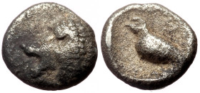 Ionia, Miletos (ca 525-500 BC) AR Tetartemorion (Silver, 5mm., 0,23g) 
Obv: Forepart of lion left, head looking backwards, with open jaws and tongue p...