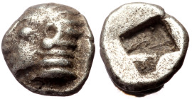Ionia, Kolophon (Late 6th cent. BC) AR Tetartemorion (Silver, 5mm, 0.20g) 
Obv: Archaic head of Apollo left 
Rev: Quadripartite incuse square. 
Ref: S...
