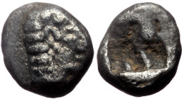 Ionia, Kolophon (late 6th century BC) AR Hemiobol (Silver, 0.33g, 7mm) 
Obv: Archaic head l.; 
Rev: Incuse square punch. 
Ref: SNG Kayhan 342
