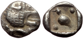 Ionia. Miletos (ca 525-500 BC) AR Tetartemorion (Silver, 5mm, 0.13g) 
Obv: Forepart of lion left, head looking backwards, with open jaws and tongue pr...