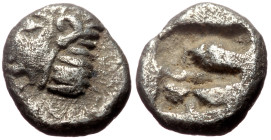 Ionia, Kolophon (Late 6th century BC) AR Hemiobol (Silver, 6mm, 0.38g) 
Obv: Archaic head of Apollo left.
Rev: Incuse square punch.
Ref: SNG Kayhan 34...