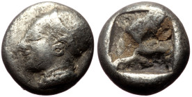 Ionia, Phokaia AE Diobol (Silver, 9mm, 1.29g) ca 625/0-522 BC
Obv: Female head left, wearing helmet or sakkos.
Rev: Quadripartite incuse square.
Ref: ...