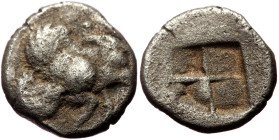 Ionia, Klazomenai (ca 480-400 BC) AR Diobol (Silver, 9mm, 0.93g)
Obv: Forepart of winged boar right 
Rev: Quadripartite incuse square; K within one qu...
