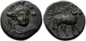 Ionia, Klazomenai (ca 386-301 BC) AE (Bronze, 1.83g, 12mm) Mandronax, magistrate.
Obv: Helmeted head of Athena facing slightly right.
Rev: MANΔPΩNAΞ, ...