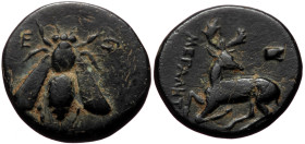 Ionia, Ephesos AE (Bronze, 2.19g, 14mm) ca 370-350 BC. Megales (?) magistrate. 
Obv: Ε-Φ, Bee. 
Rev: ΜΕΓΑΛΗΣ (?), Stag kneeling left, head right; abov...
