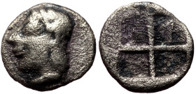 Ionia, Kolophon AR Hemiobol (Silver, 0.42g, 9mm) Late 6th century BC. 
Obv: Archaic male head (of Apollo?) to left 
Rev: Quadripartite incuse square. ...