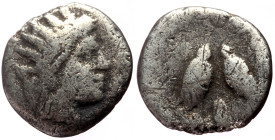 Islands off Caria, Rhodos (ca 189-166 BC) AR Obol (Silver, 9mm., 0.77g)
Obv: Radiate head of Helios right 
Rev: [P-O], rose. 
Ref: SNG Copenhagen 848-...
