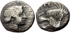 Caria, Uncertain mint, Mylasa(?) ca 400-350 BC AR Hemiobol (Silver, 0.35g, 7mm) 
Obv: Female head right 
Rev: Roaring head of lion lion. Unpublished i...