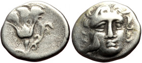 Islands of Caria, Rhodes (ca circa 408-390 BC) AR Hemidrachm (Silver, 2.23g, 15mm) 
Obv: Head of Helios with flowing hair facing slightly r. 
Rev. Ros...