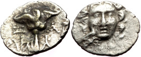 Caria, Mylasa. Early-mid 2nd century BC. AR Drachm (16mm, 1.75g, 12h). Pseudo-Rhodian type. 
Obv: Head of Helios facing; bird at cheek to left 
Rev: R...