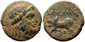 Caria, Antiochia ad Maeandrum AE (Bronze, 17mm, 4.05g) 2nd Century BC 
Obv: Head of Zeus right 
Rev: ANTIOXEΩN, Zebu bull lying left on maeander patte...