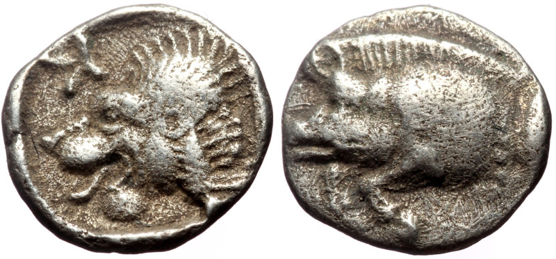 Mysia, Kyzikos (ca. 450-400 BC) AR Obol (Silver, 0.64g, 10mm) 
Obv: Forepart of ...