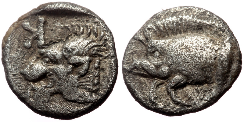 Mysia, Kyzikos AR Obol (Silver, 0.77g, 9mm) ca 450-400 BC. 
Obv: Forepart of boa...