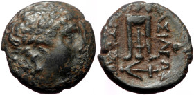 Seleukid Kings of Syria, Antiochos II Theos (261-246 BC) AE (Bronze, 2.92g, 15mm) Sardes 
Obv: Laureate head of Apollo right 
Rev: Tripod; monogram to...