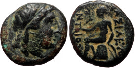 Seleukid Kings of Syria, Antiochos II Theos AE (Bronze, 15mm, 2.19g) Ekbatana, ca 261-246 BC. 
Obv: Diademed head to right, [K behind] 
Rev: Apollo De...