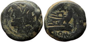 Roman Republic, Valerius (169-158 BC) AE As, Rome.
Obv: Laureate head of Janus; I above (mark of value)
Rev: Prow of galley right; VAL (ligate) abov...