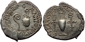 *Very rare*
Mark Antony (44-30 BC) AR Denarius (Silver, 21mm, 3.93g) with L Munatius Plancus, mint moving with Antony in Greece, 40 BC.
Obv: M•ANTON...