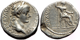 Tiberius (14-37) AR Denarius (Silver, 18mm, 3.45g) Lugdunum. 
Obv: TI CAESAR DIVI AVG F AVGVSTVS Laureate head of Tiberius right. 
Rev: PONTIF MAXIM L...