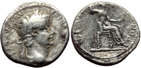 Tiberius (14-37) AR denarius (Silver, 17mm, 3.13g) Lugdunum, ca. AD 18-35. 
Obv: TI CAESAR DIVI AVGVSTVS, laureate head of Tiberius right 
Rev: PONTIF...